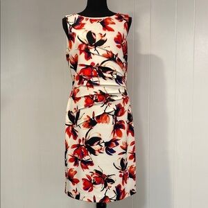 Ivanka Trump Dress Midi Sleeveless Ruched Gold Zipper Floral Red Black Size 12
